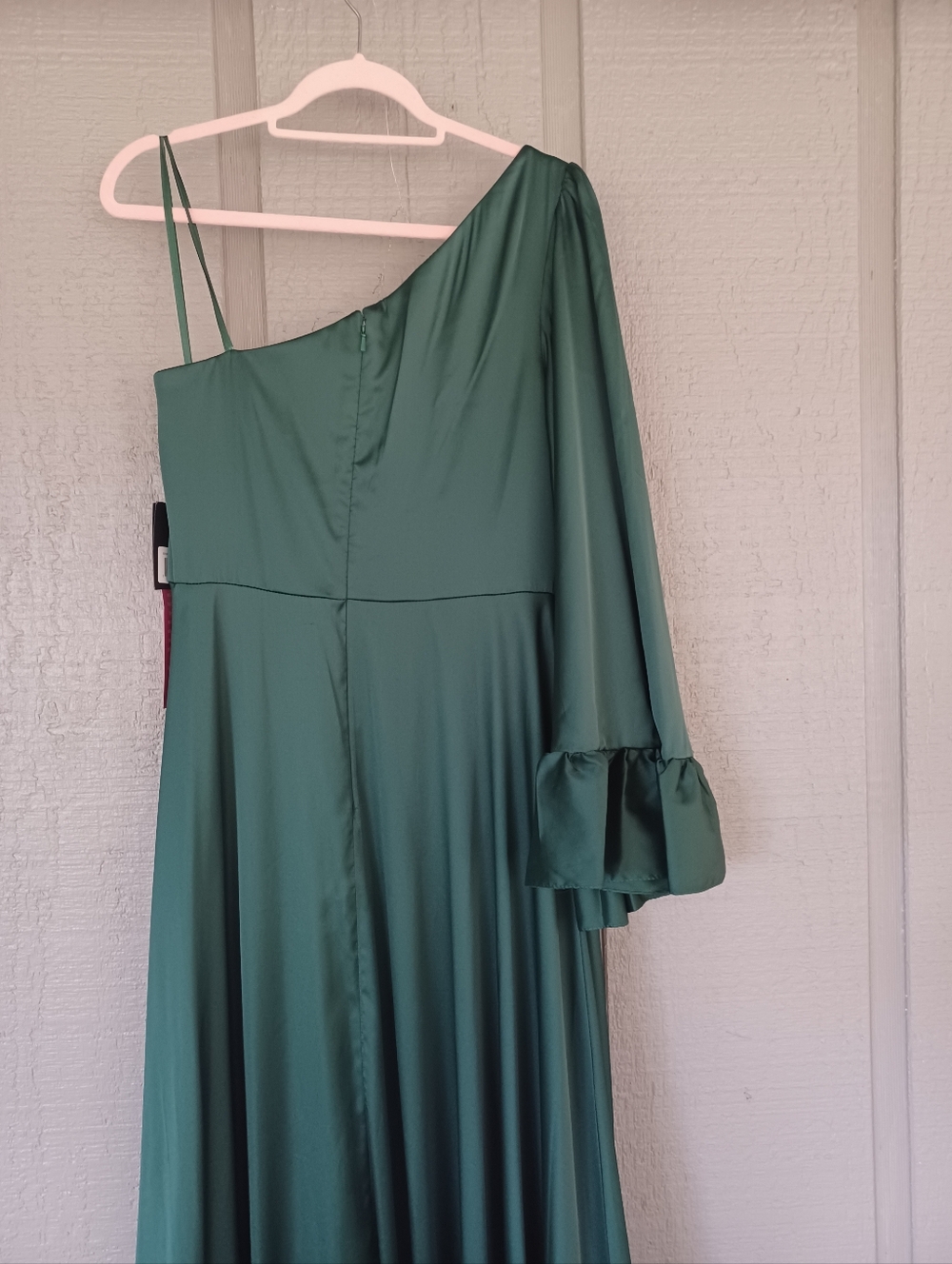 Ieena Mac Duggal Long One Sleeve Asymmetrical Ruffle Hem Gown Size 10 Emerald - Picture 15 of 16